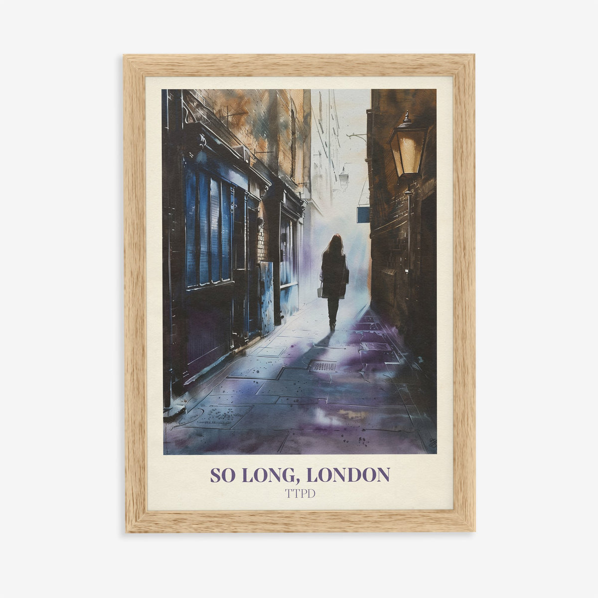 So Long London Taylor Swift print of a woman walking alone down a lamplit alley at dusk, in an oak frame on a plain wall