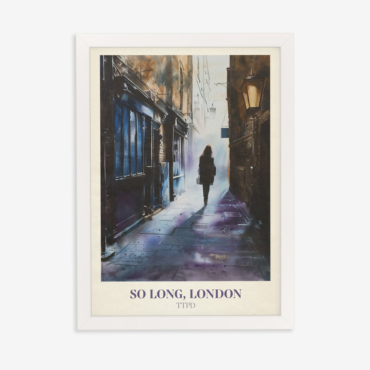 So Long London Taylor Swift print of a woman walking alone down a lamplit alley at dusk, in a white frame on a plain wall