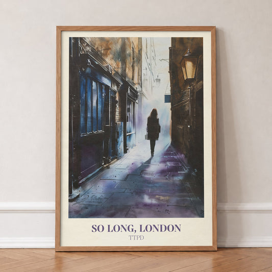 So Long London Taylor Swift print of a woman walking alone down a lamplit alley at dusk, in an oak frame, leaning against a wall on a herringbone floor