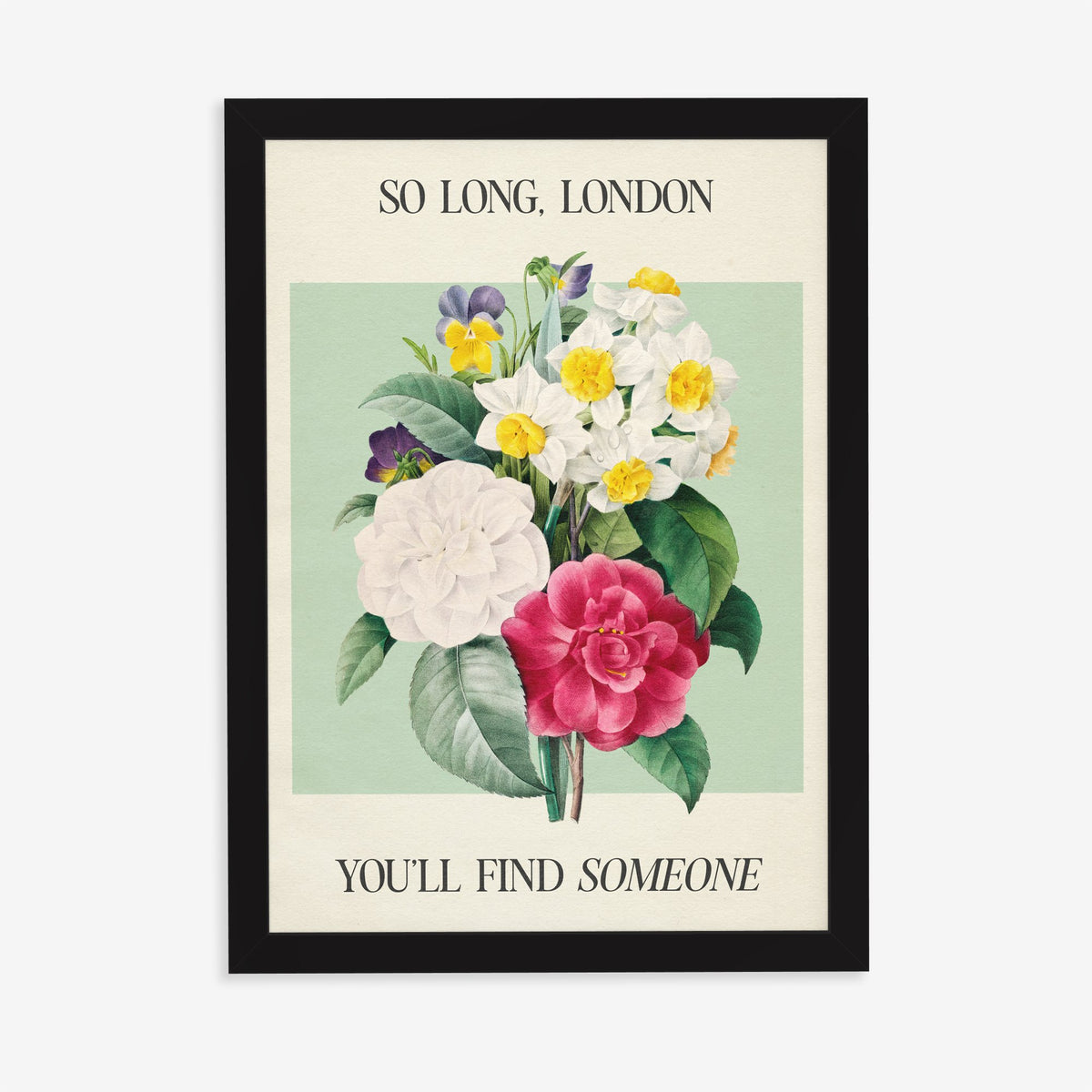 So Long London Botanical Taylor Swift print of camellias, narcissi and pansies on mint green, in a black frame on a plain wall