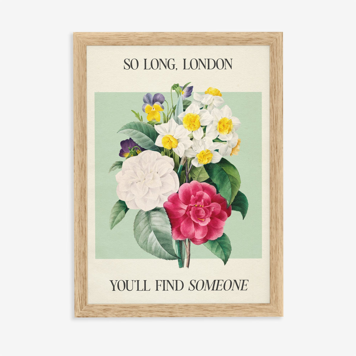 So Long London Botanical Taylor Swift print of camellias, narcissi and pansies on mint green, in an oak frame on a plain wall