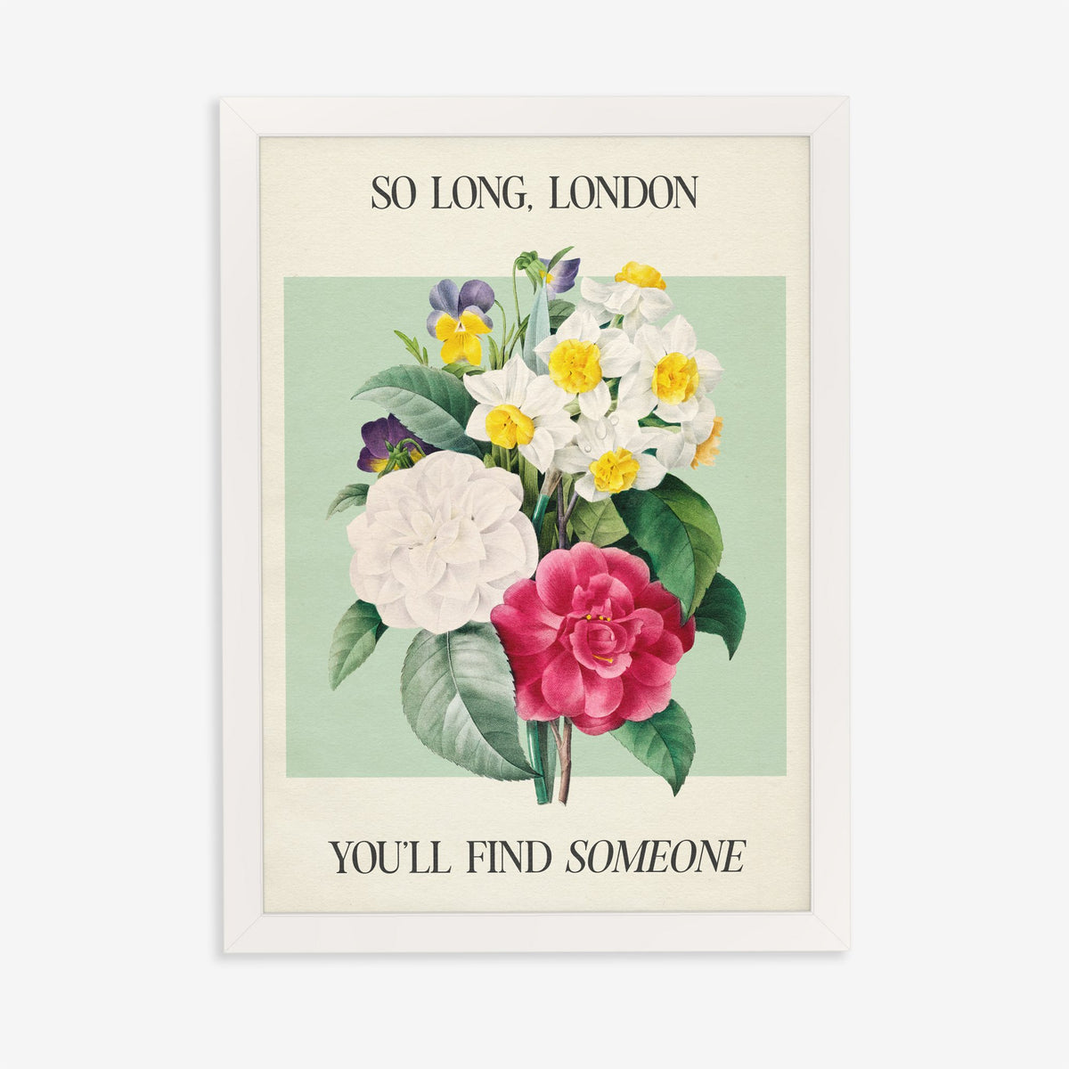 So Long London Botanical Taylor Swift print of camellias, narcissi and pansies on mint green, in a white frame on a plain wall