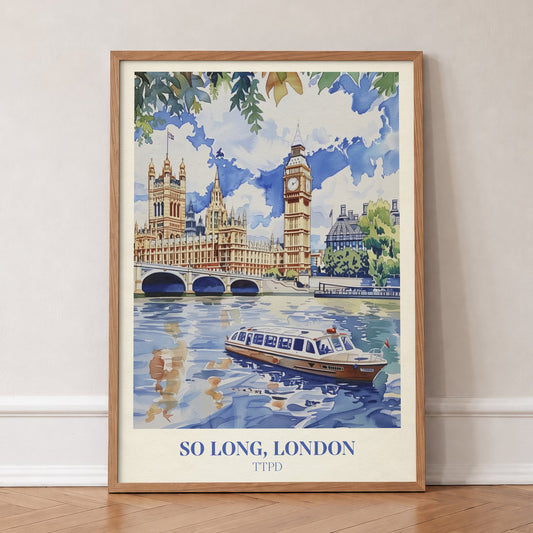 So Long London Thames Taylor Swift print of Big Ben and Parliament across the Thames, in an oak frame, leaning against a wall on a herringbone floor