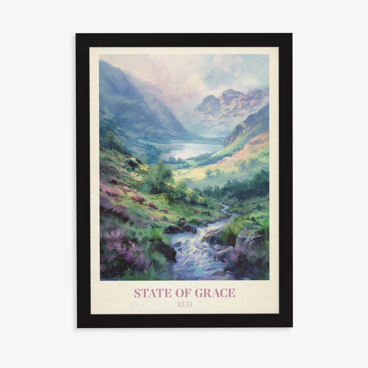 State Of Grace Taylor Swift print of a heather-covered valley with a stream and distant lake, in a black frame on a plain wall