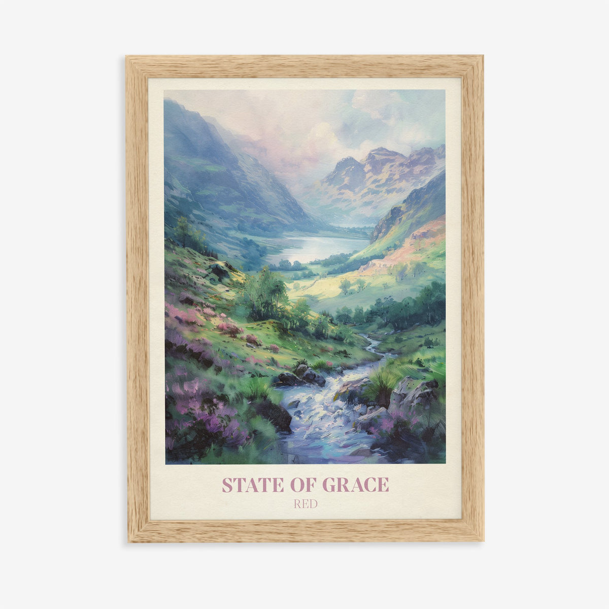 State Of Grace Taylor Swift print of a heather-covered valley with a stream and distant lake, in an oak frame on a plain wall