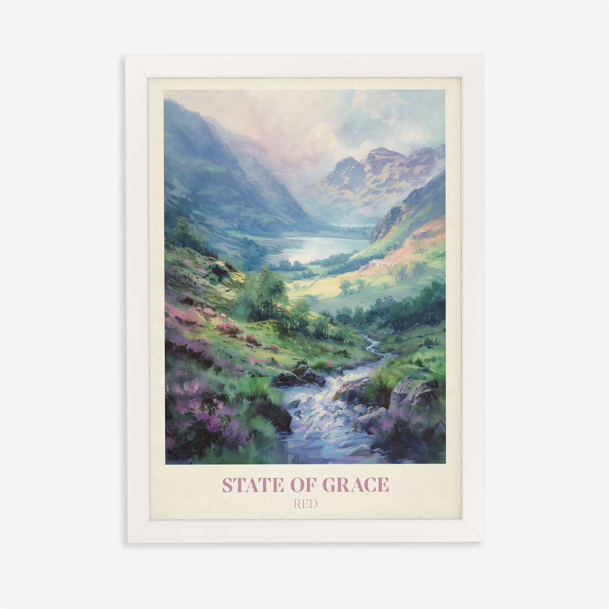 State Of Grace Taylor Swift print of a heather-covered valley with a stream and distant lake, in a white frame on a plain wall