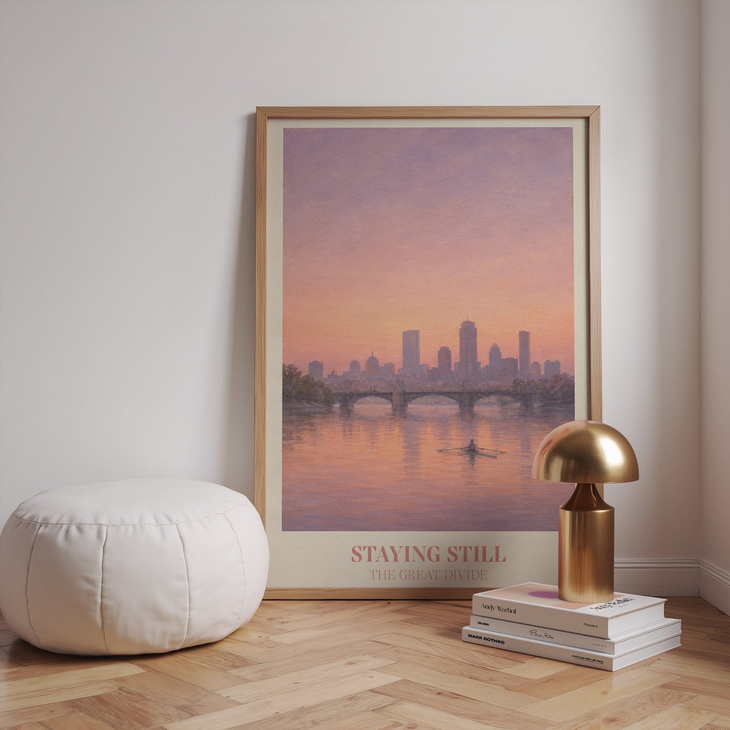 Staying Still lyric wall art print inspired by Noah Kahan leaning against a white wall on wooden floor