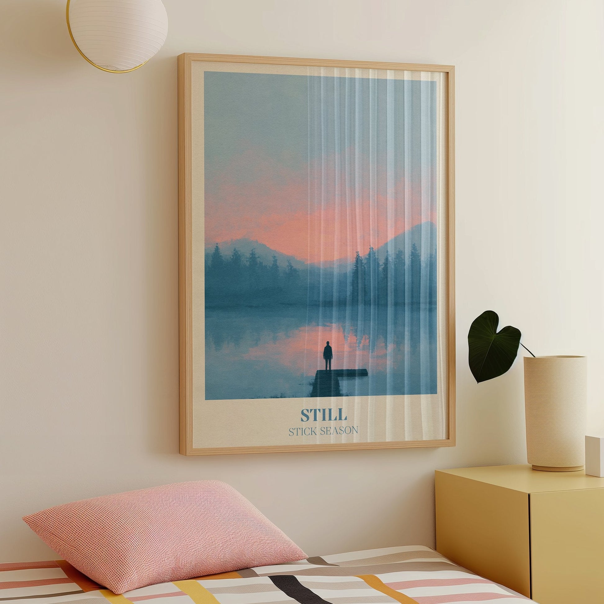 Still lyric wall art print inspired by Noah Kahan hung on a colourful room wall