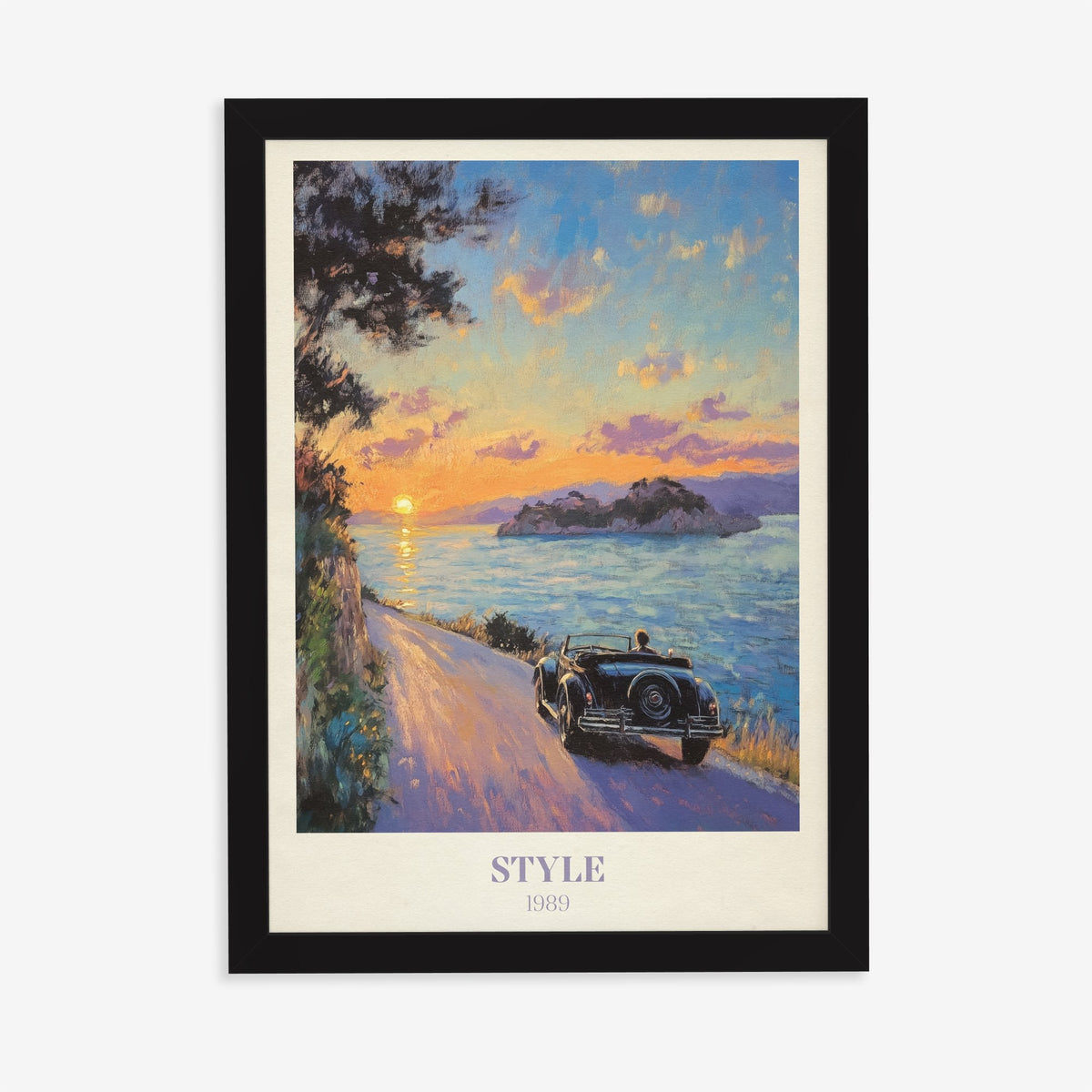 Style Taylor Swift print of a vintage convertible on a coastal road at sunset, in a black frame on a plain wall