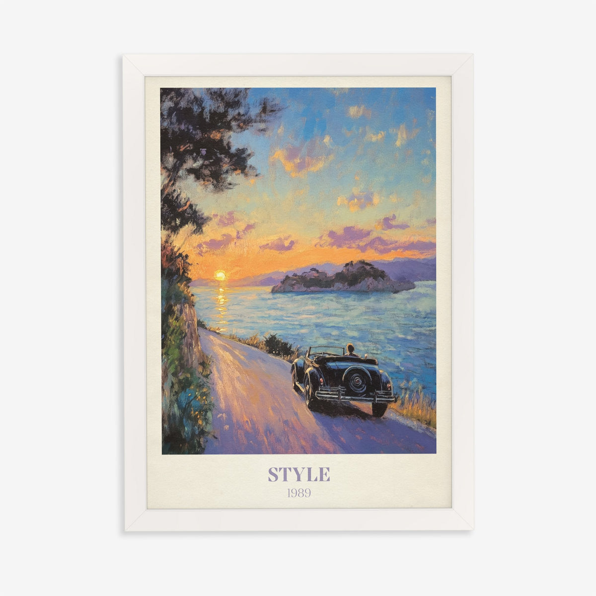 Style Taylor Swift print of a vintage convertible on a coastal road at sunset, in a white frame on a plain wall