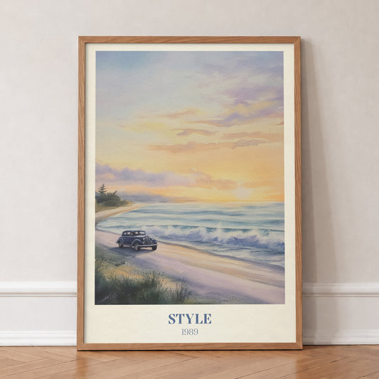 Style Pastel Taylor Swift print of a vintage car on a beach road under a pastel sunset, in an oak frame, leaning against a wall on a herringbone floor