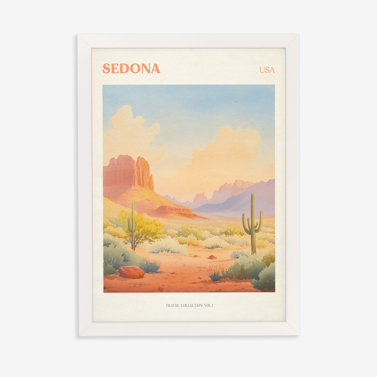 Sedona travel print of red rock formations and tall cacti under a peach desert sky, in a white frame on a plain wall