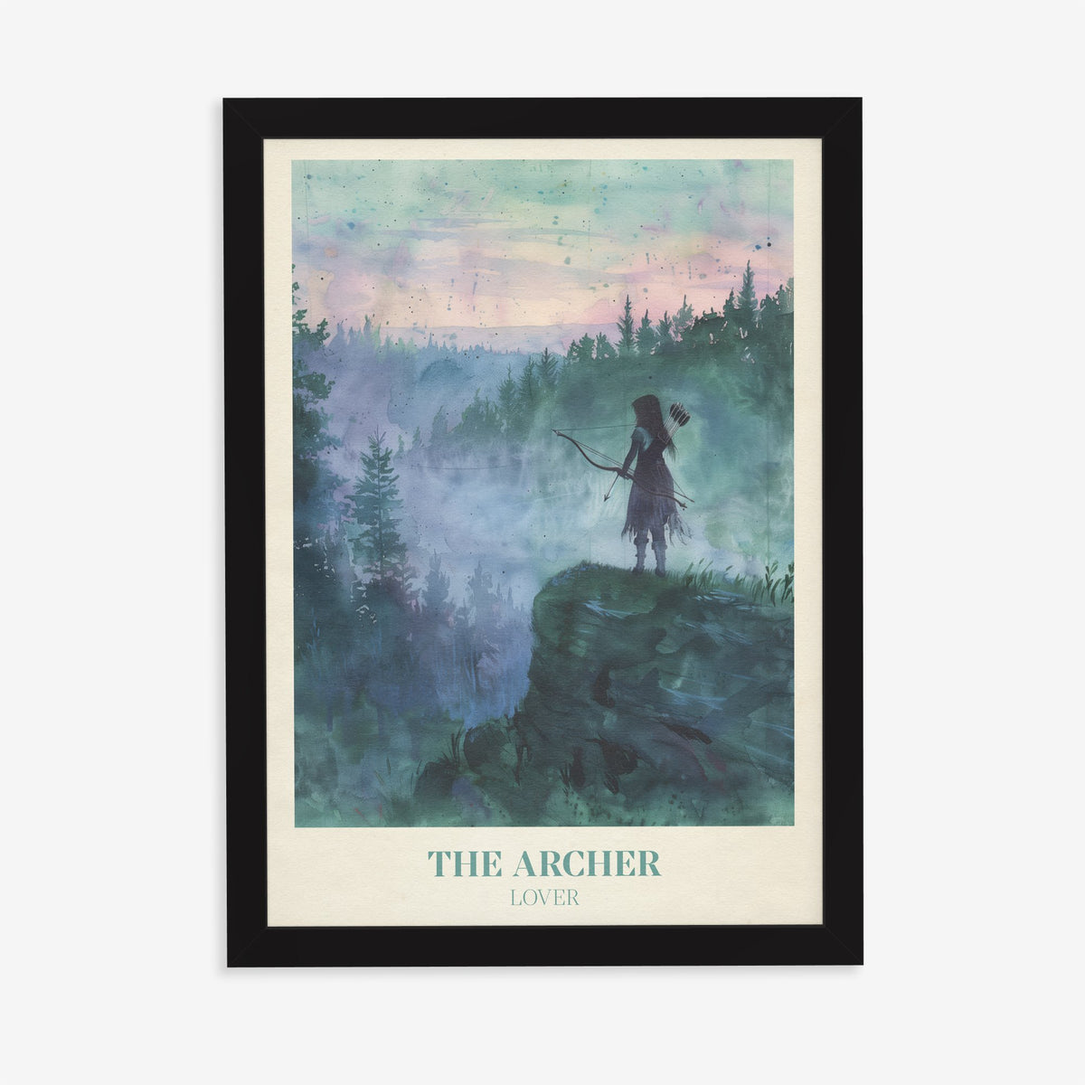 The Archer Taylor Swift print of an archer on a misty clifftop above a pine forest at dawn, in a black frame on a plain wall
