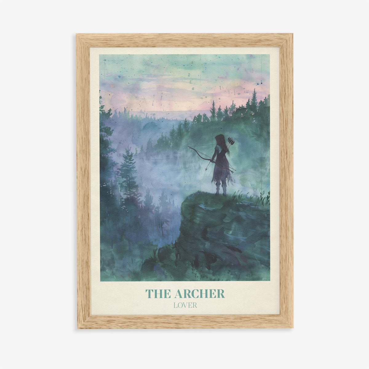 The Archer Taylor Swift print of an archer on a misty clifftop above a pine forest at dawn, in an oak frame on a plain wall