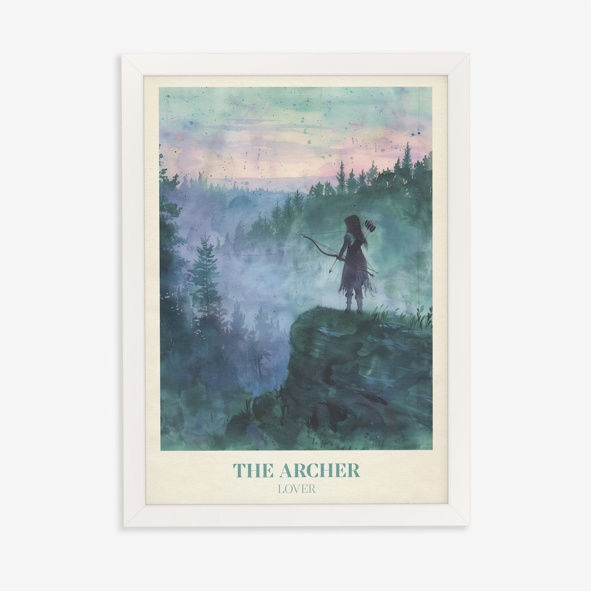 The Archer Taylor Swift print of an archer on a misty clifftop above a pine forest at dawn, in a white frame on a plain wall