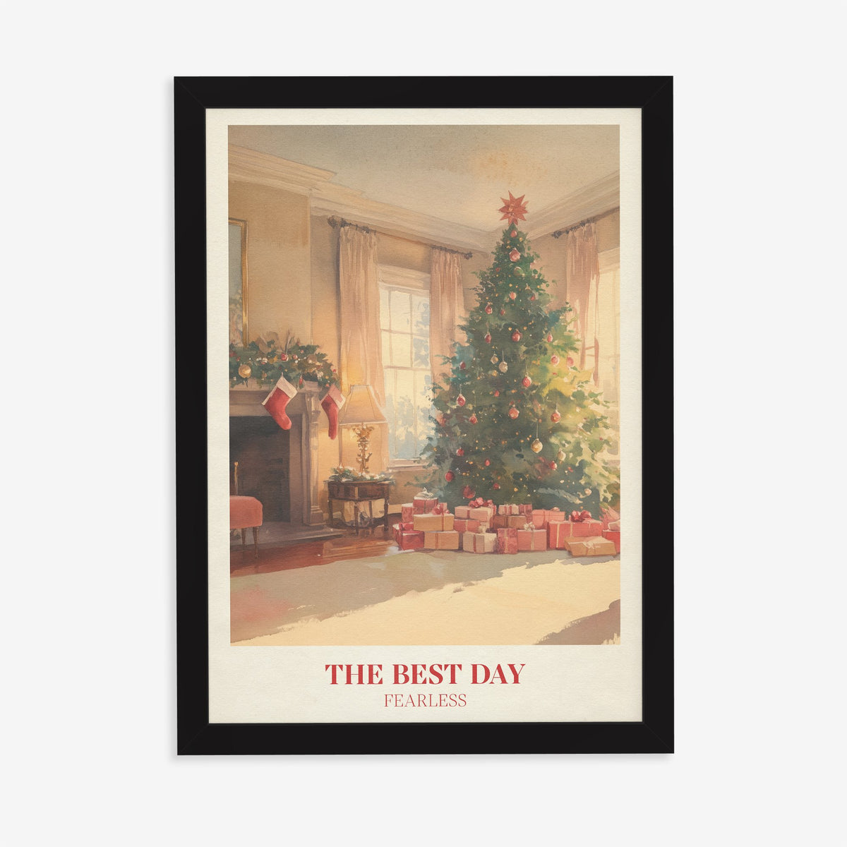 The Best Day Christmas Taylor Swift print of a cosy living room decorated for Christmas, in a black frame on a plain wall