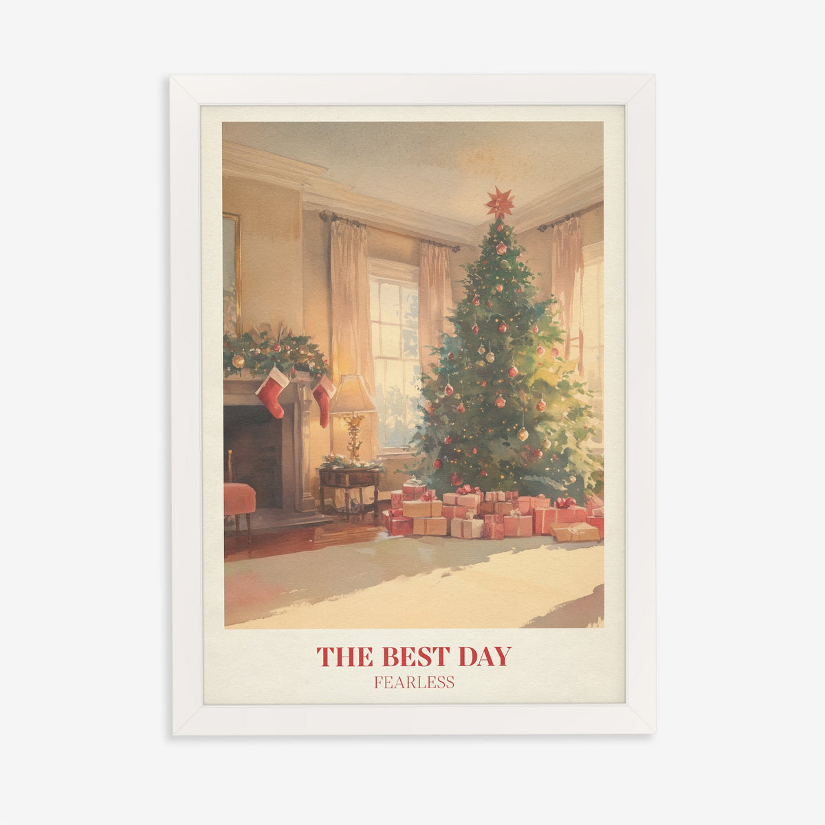 The Best Day Christmas Taylor Swift print of a cosy living room decorated for Christmas, in a white frame on a plain wall