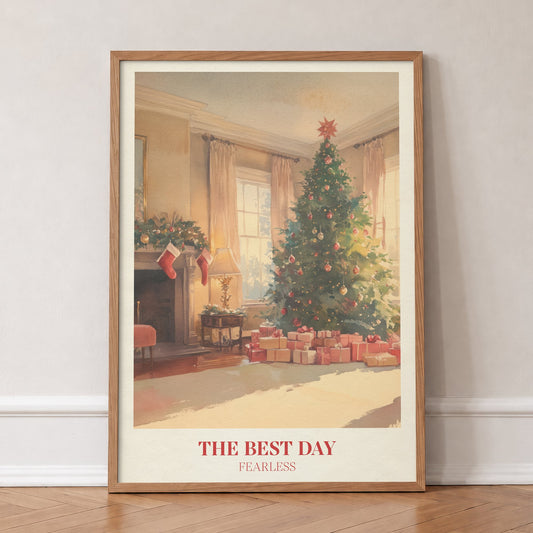 The Best Day Christmas Taylor Swift print of a cosy living room decorated for Christmas, in an oak frame, leaning against a wall on a herringbone floor