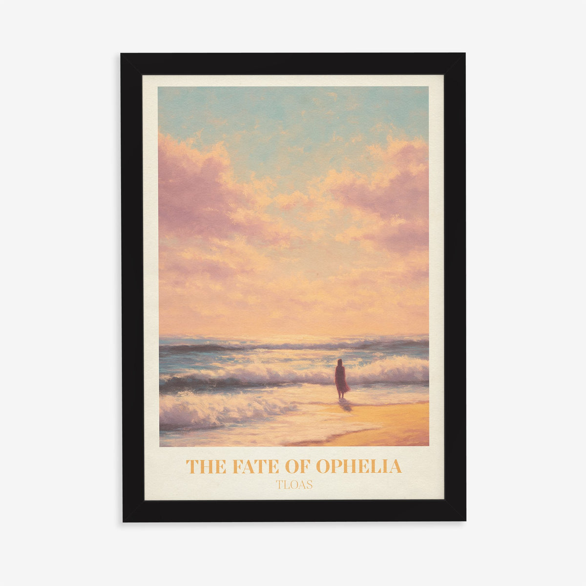 The Fate Of Ophelia Taylor Swift print of a lone figure on a golden beach at sunset, in a black frame on a plain wall