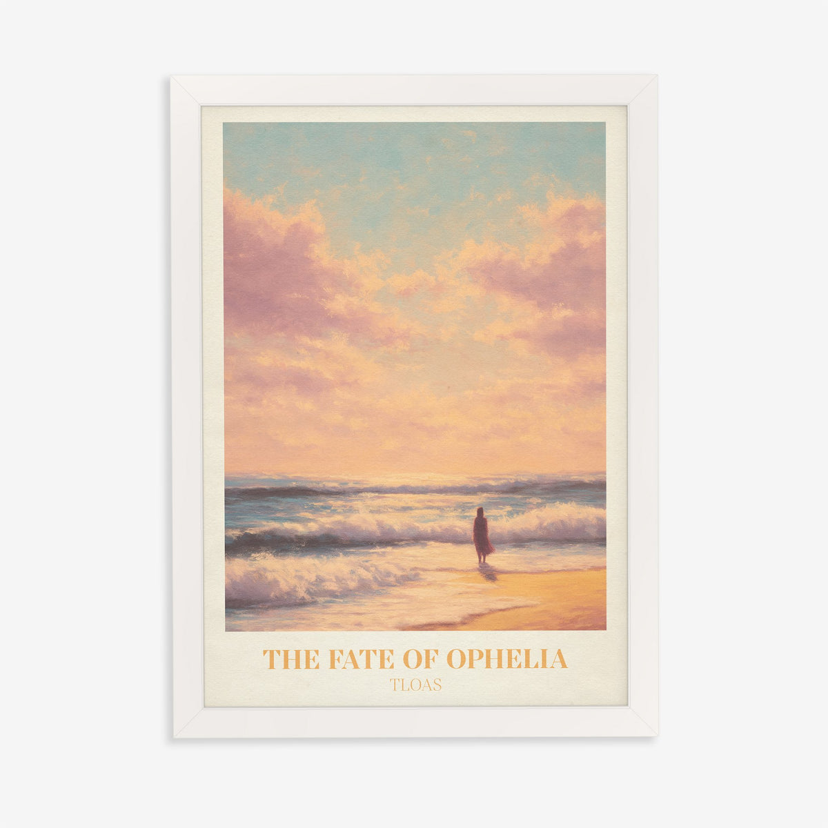 The Fate Of Ophelia Taylor Swift print of a lone figure on a golden beach at sunset, in a white frame on a plain wall