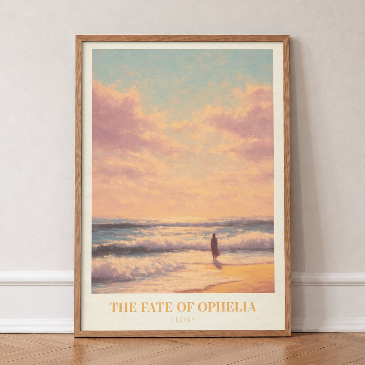 The Fate Of Ophelia Taylor Swift print of a lone figure on a golden beach at sunset, in an oak frame, leaning against a wall on a herringbone floor