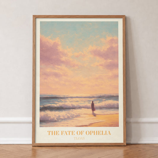 The Fate Of Ophelia Taylor Swift print of a lone figure on a golden beach at sunset, in an oak frame, leaning against a wall on a herringbone floor