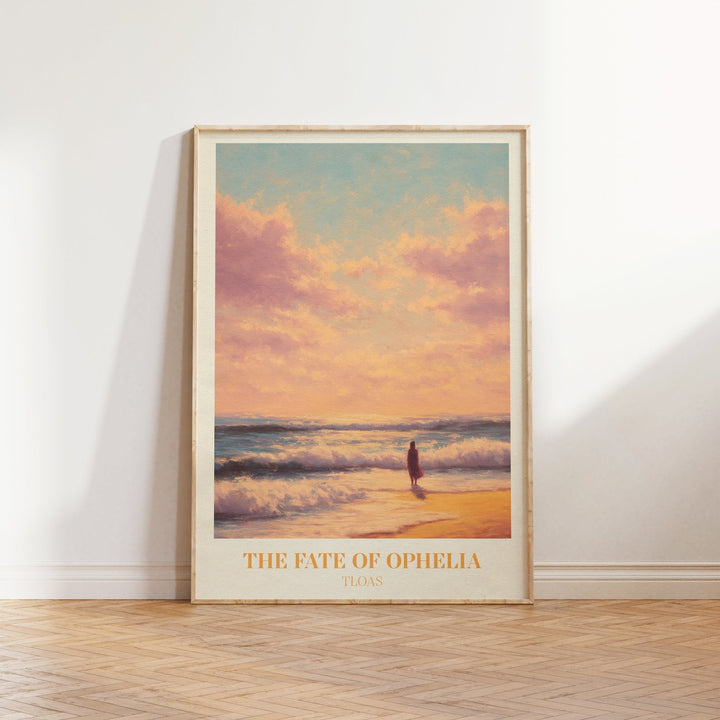 The Fate Of Ophelia lyric print inspired by Taylor Swift leaning against a white wall on a wooden herringbone floor in soft daylight