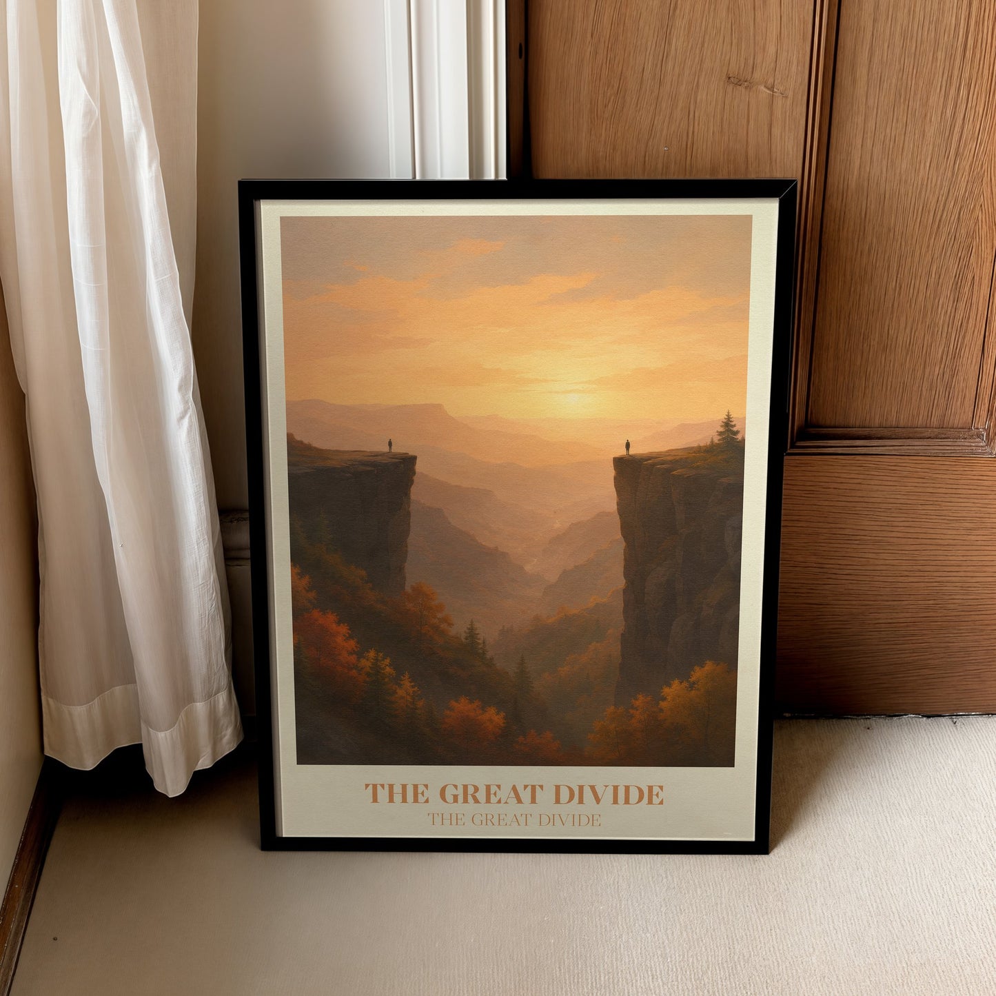 The Great Divide lyric wall art print inspired by Noah Kahan in a black frame leaning against a wooden door
