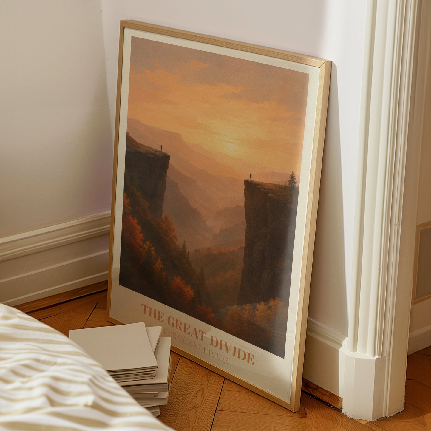 The Great Divide lyric wall art print inspired by Noah Kahan on a bedroom floor, leaning against a white wall