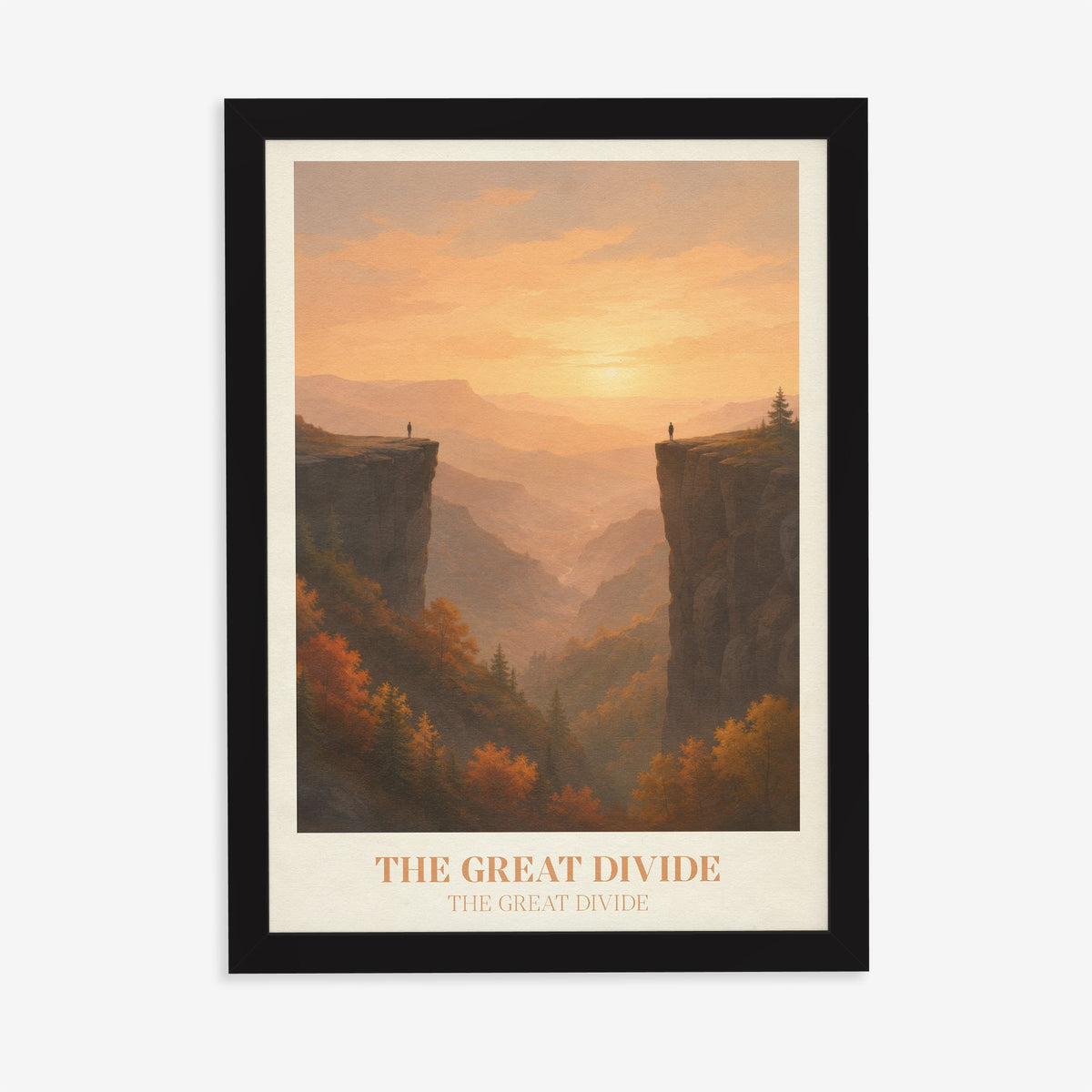 The Great Divide Noah Kahan print of a golden sunset between two cliff edges and autumn trees, in a black frame on a plain wall