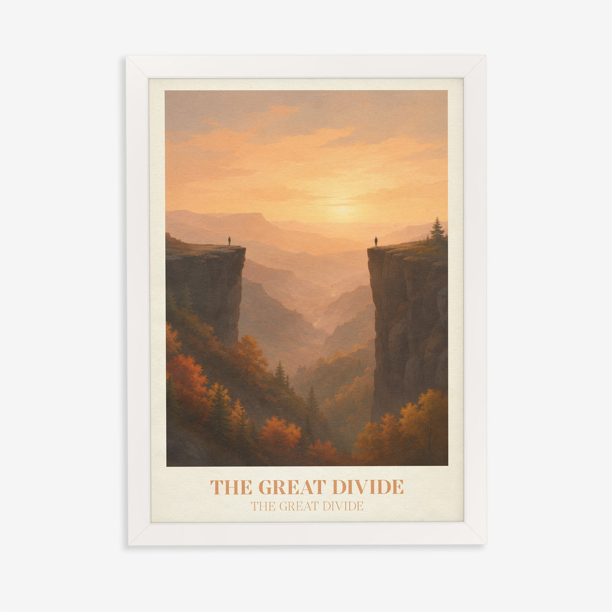The Great Divide Noah Kahan print of a golden sunset between two cliff edges and autumn trees, in a white frame on a plain wall