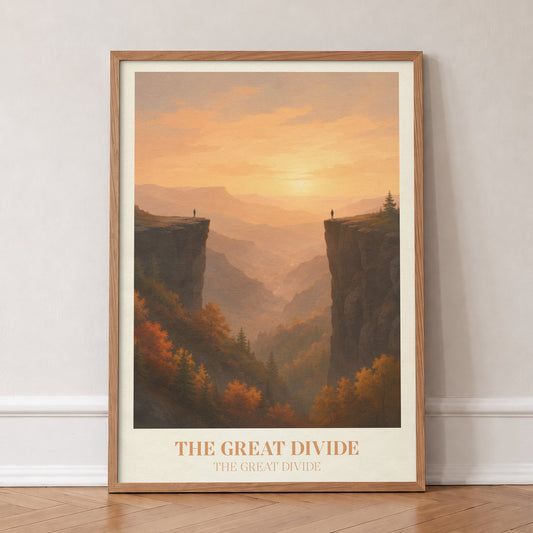 The Great Divide Noah Kahan print of a golden sunset between two cliff edges and autumn trees, in an oak frame, leaning against a wall on a herringbone floor