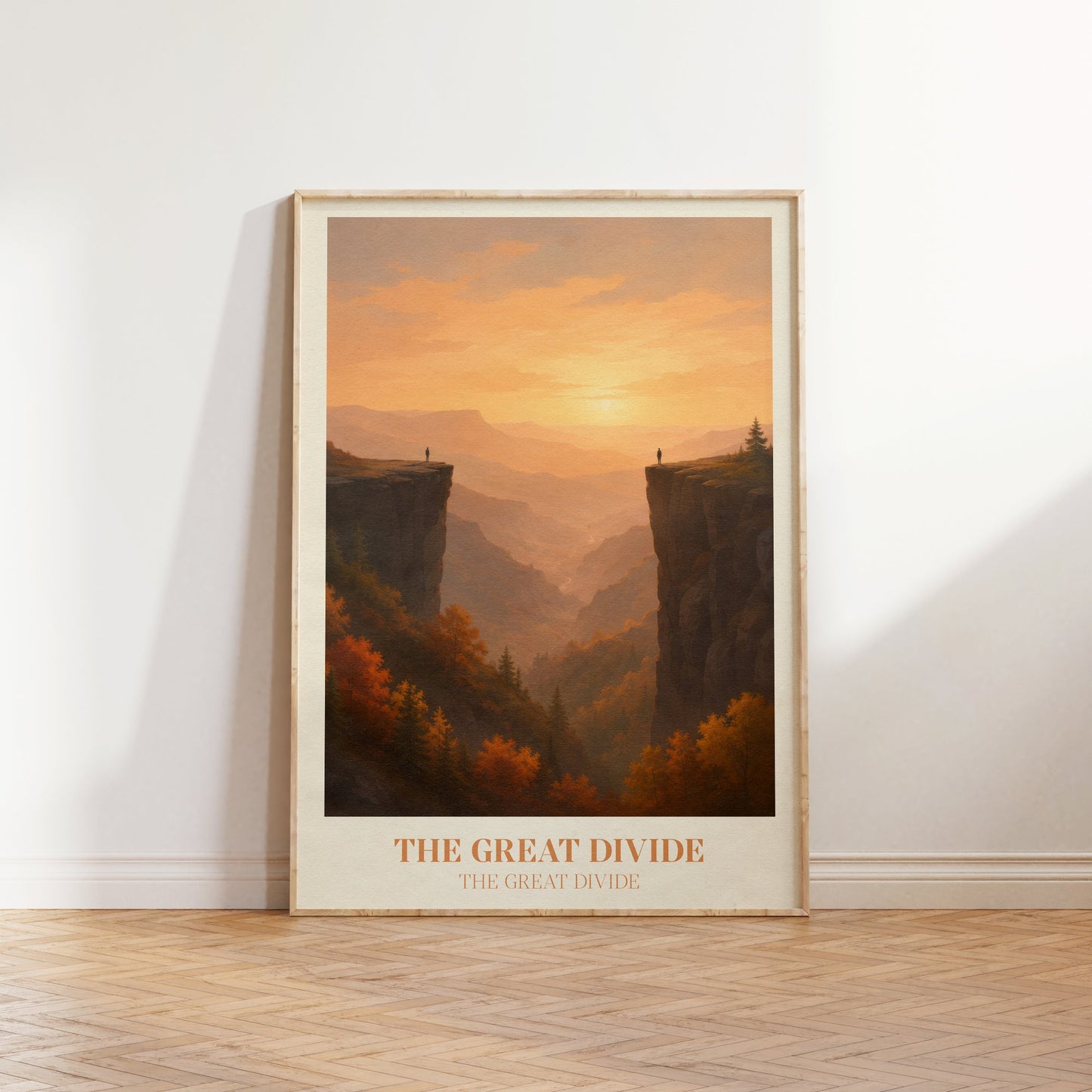 The Great Divide lyric print inspired by Noah Kahan leaning against a white wall on a wooden herringbone floor in soft daylight