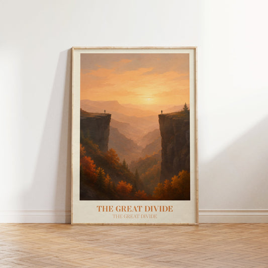 The Great Divide lyric print inspired by Noah Kahan leaning against a white wall on a wooden herringbone floor in soft daylight