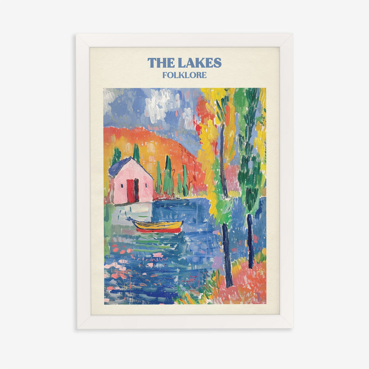 The Lakes Matisse Taylor Swift print of a pink cottage and a boat on a bright blue lake, in a white frame on a plain wall