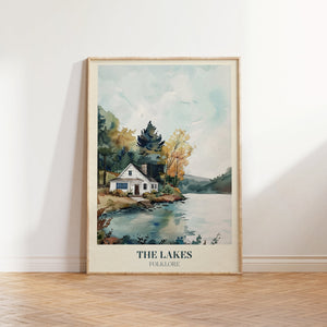 The Lakes music print — a watercolour lakeside cottage in misty blues and greens inspired by Taylor Swift's Folklore album