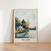 The Lakes music print — a watercolour lakeside cottage in misty blues and greens inspired by Taylor Swift's Folklore album