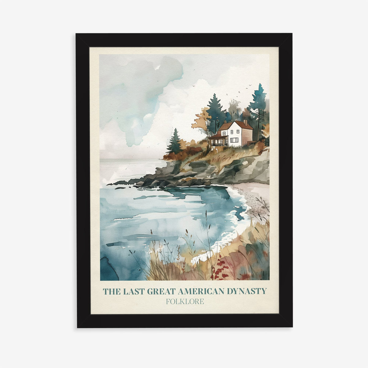 The Last Great American Dynasty Taylor Swift print of a white clifftop house above a cove, in a black frame on a plain wall
