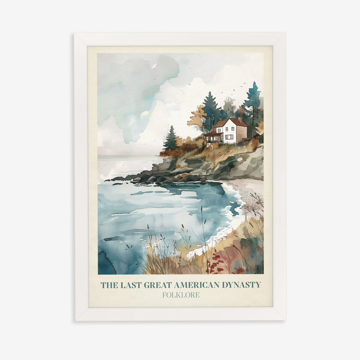 The Last Great American Dynasty Taylor Swift print of a white clifftop house above a cove, in a white frame on a plain wall