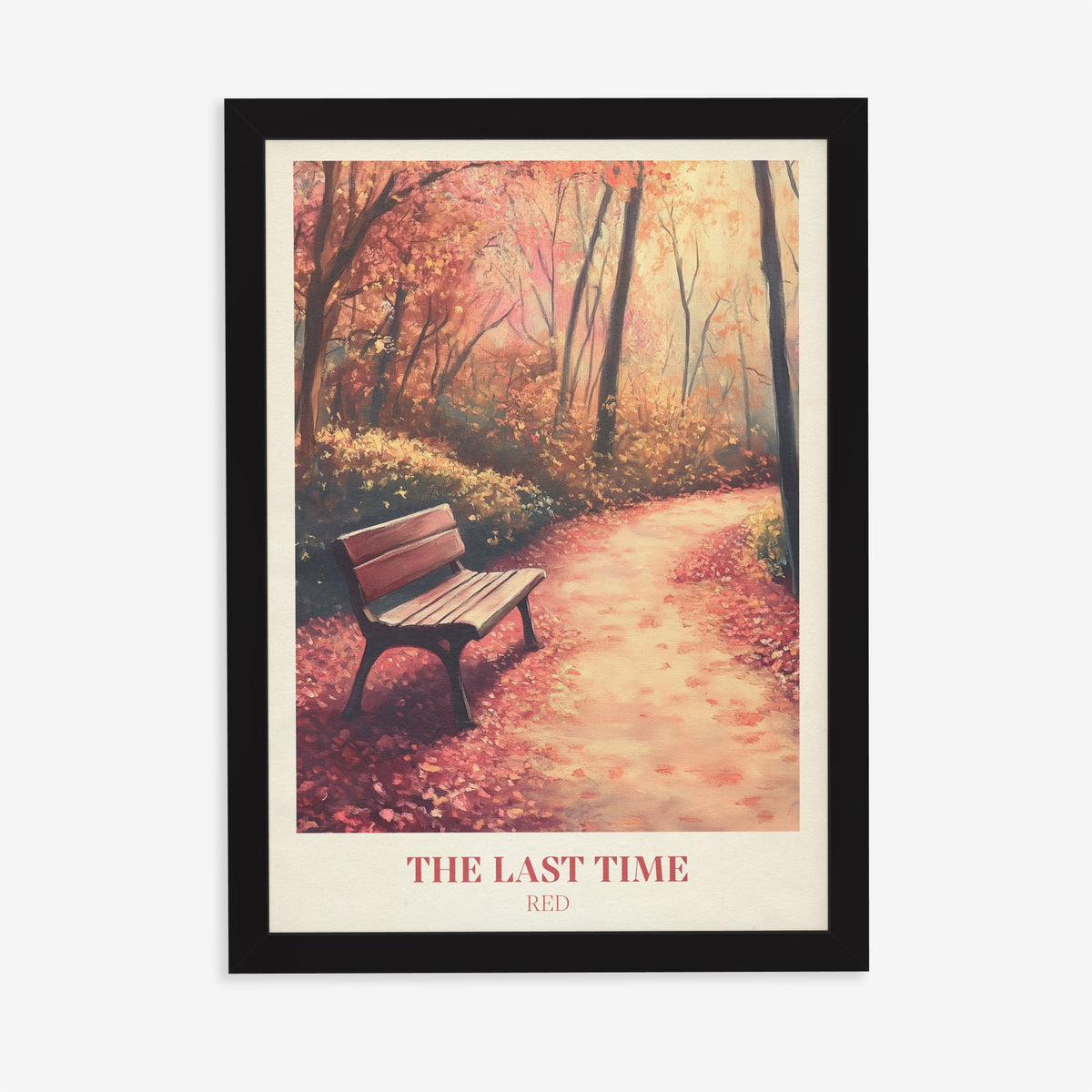 The Last Time Taylor Swift print of an empty bench on a path of red autumn leaves, in a black frame on a plain wall