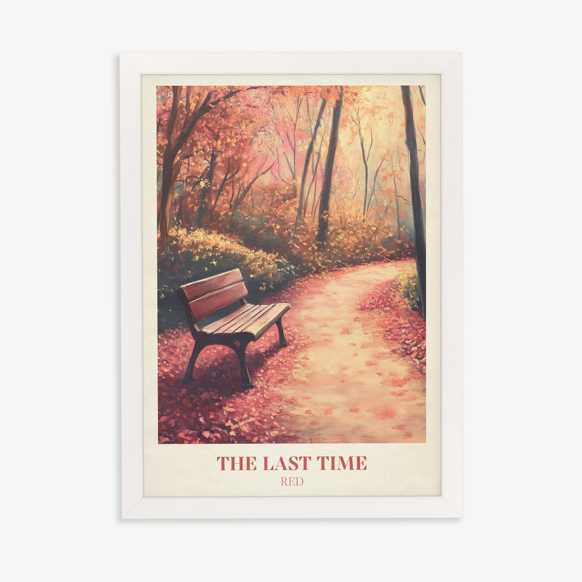 The Last Time Taylor Swift print of an empty bench on a path of red autumn leaves, in a white frame on a plain wall
