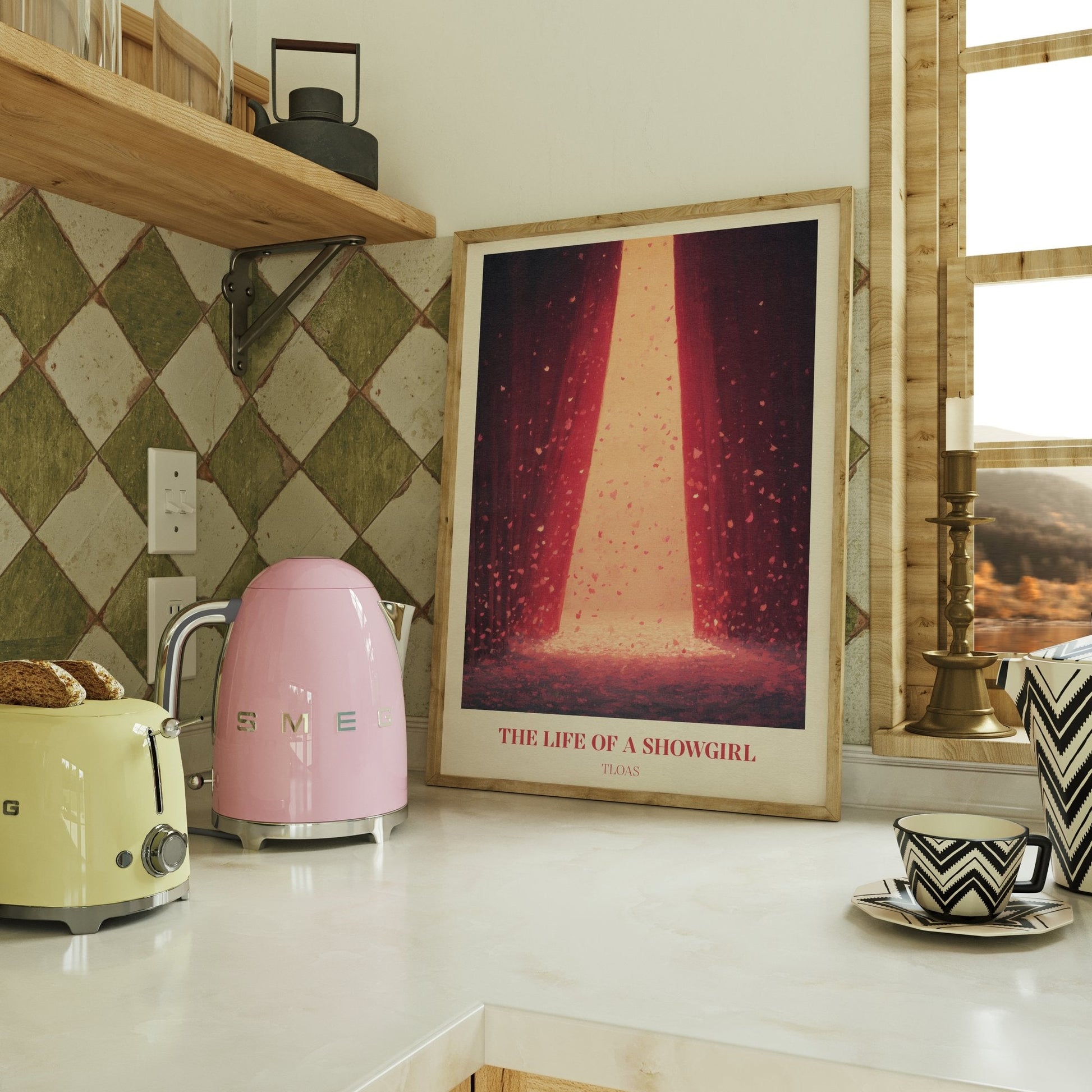 The Life Of A Showgirl lyric wall art print inspired by Taylor Swift on a kitchen counter beside a kettle and toaster