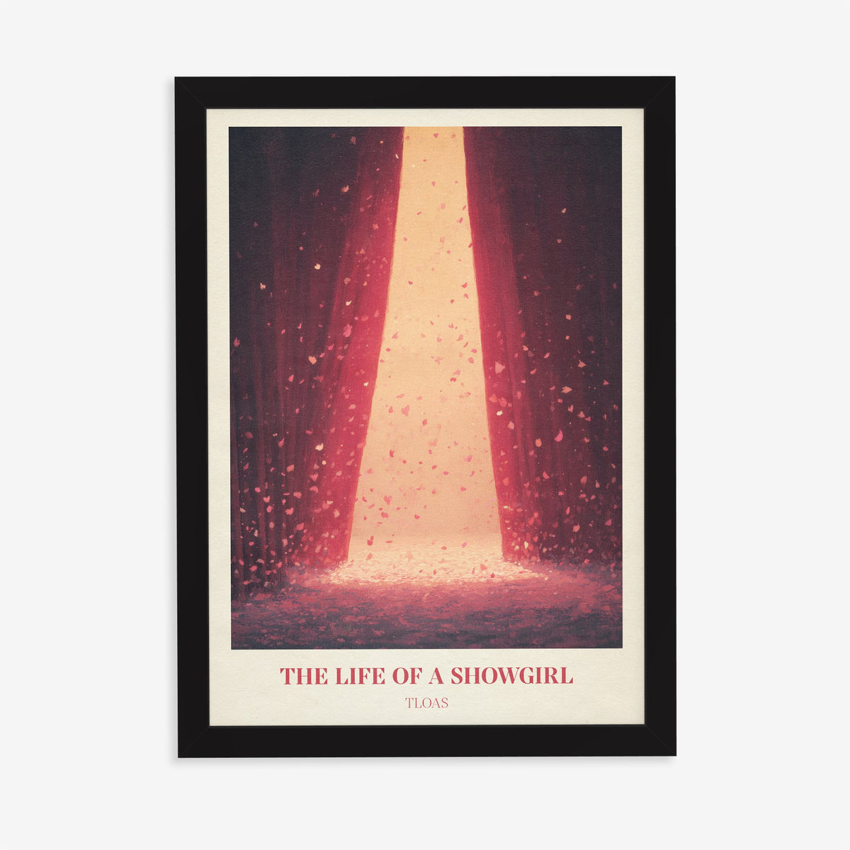 The Life Of A Showgirl Taylor Swift print of red stage curtains parting in a shower of petals, in a black frame on a plain wall
