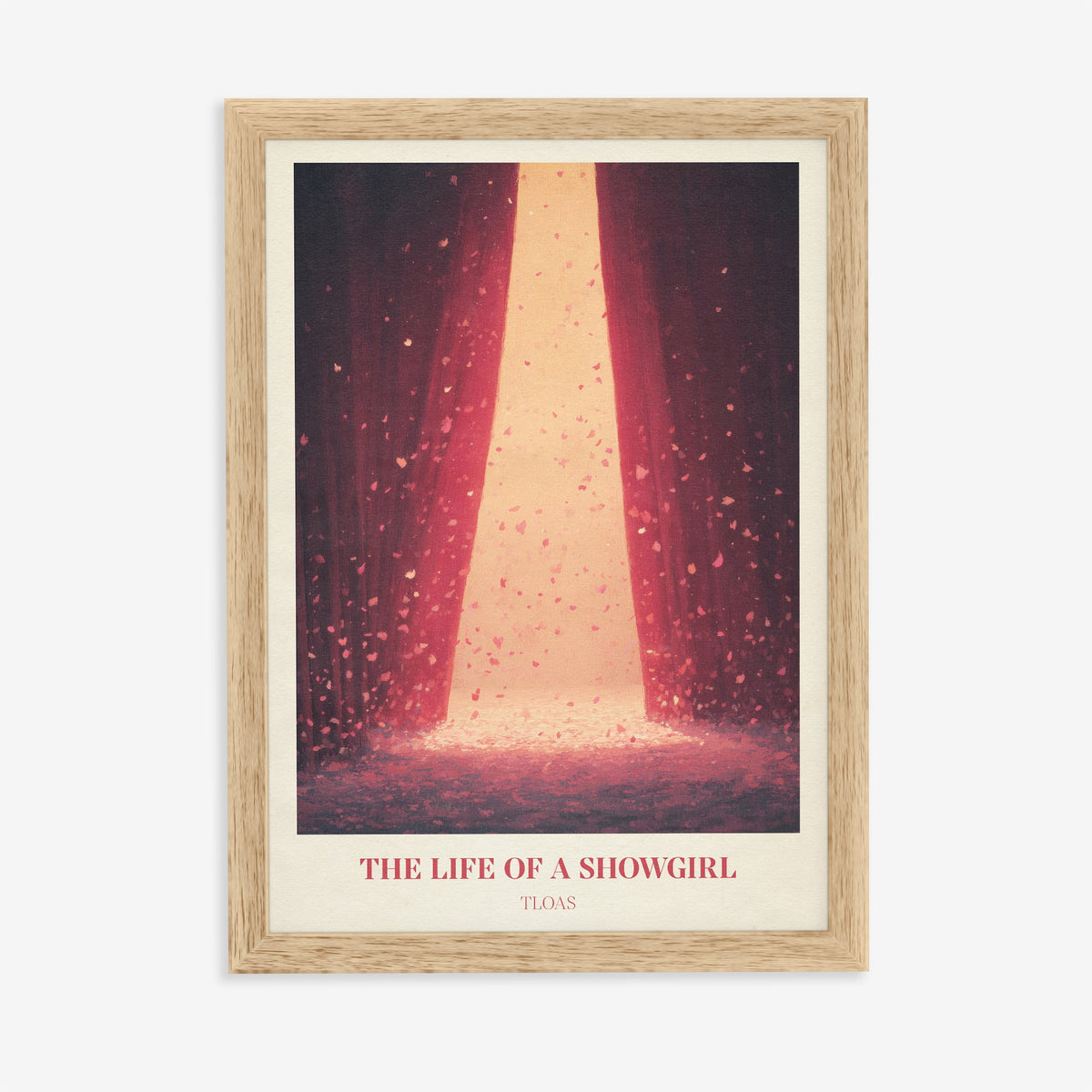 The Life Of A Showgirl Taylor Swift print of red stage curtains parting in a shower of petals, in an oak frame on a plain wall