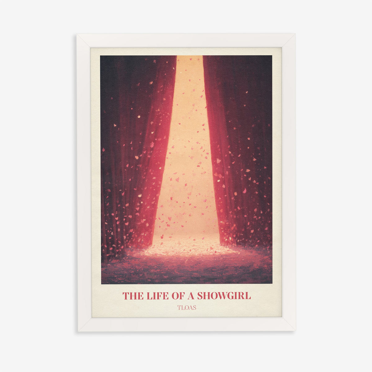 The Life Of A Showgirl Taylor Swift print of red stage curtains parting in a shower of petals, in a white frame on a plain wall