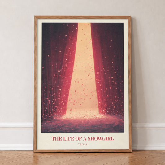 The Life Of A Showgirl Taylor Swift print of red stage curtains parting in a shower of petals, in an oak frame, leaning against a wall on a herringbone floor