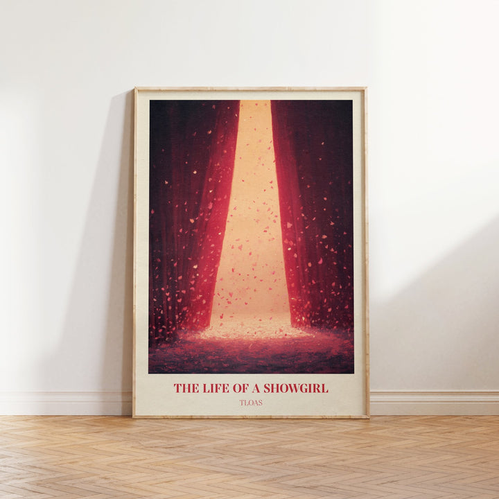The Life Of A Showgirl lyric print inspired by Taylor Swift leaning against a white wall on a wooden herringbone floor in soft daylight