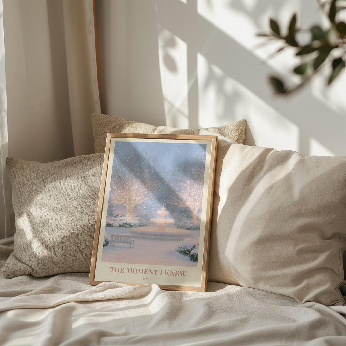 The Moment I Knew Taylor Swift print of a fairy-lit snowy park, leaning on a bed against pillows