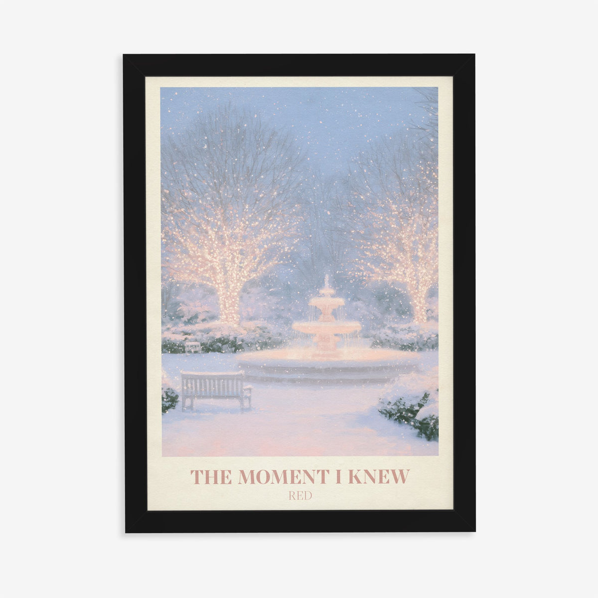 The Moment I Knew Taylor Swift print of a fairy-lit snowy park, in a black frame on a plain wall