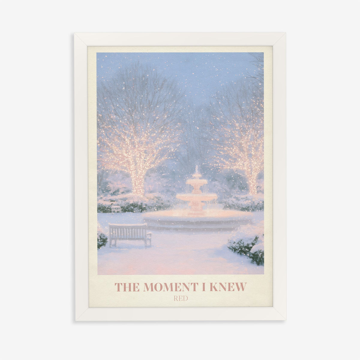 The Moment I Knew Taylor Swift print of a fairy-lit snowy park, in a white frame on a plain wall